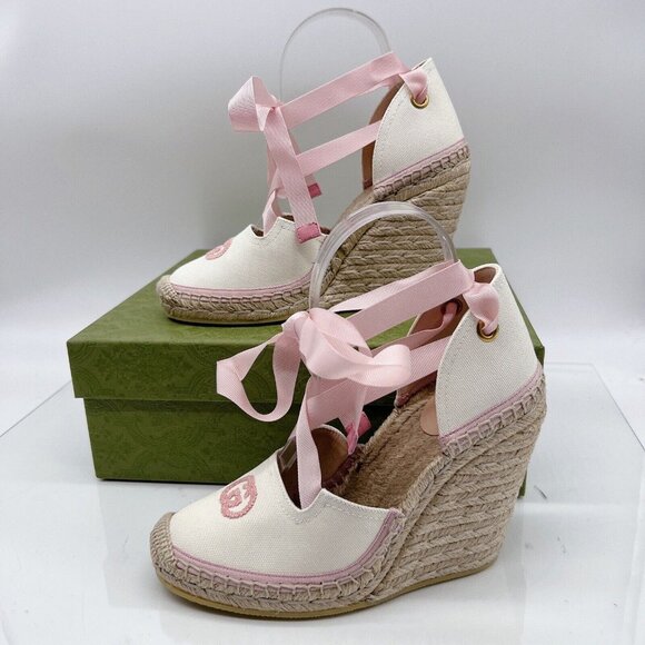 GUCCI INTERLOCKING G Platform Wedge ESPADRILLE Pink RIBBON TIE EU 40/ US 10 - Picture 3 of 12